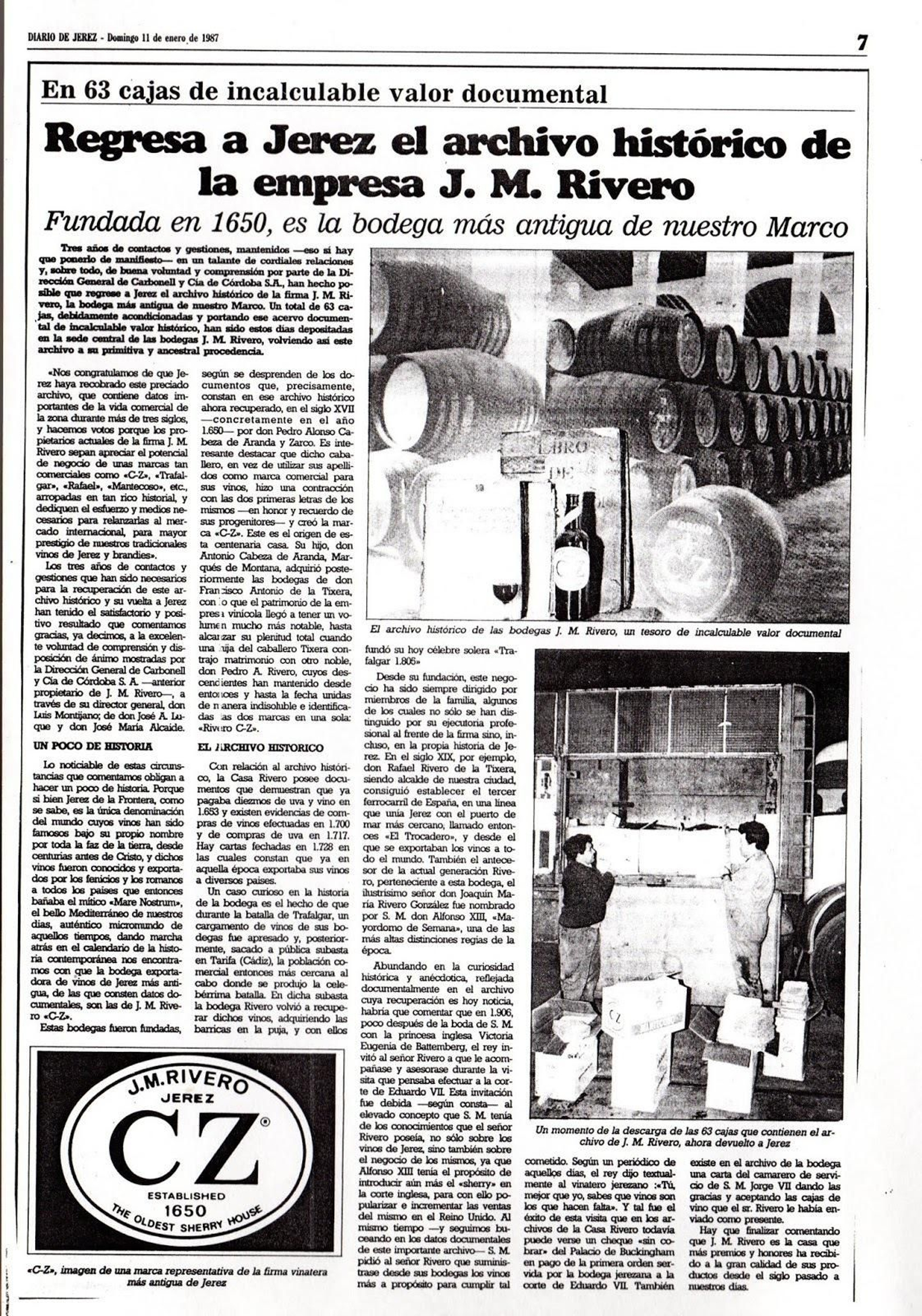 El Diario de Jerez, en 1987, recoge la vuelta a Jerez de los archivos de CZ.