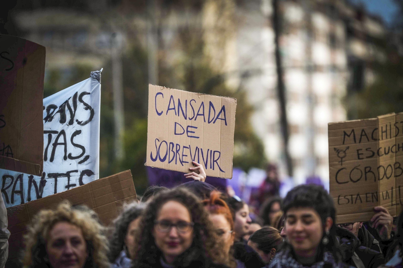 Mensajes contra la violencia de género en la manifestación del 8-M en Córdoba.