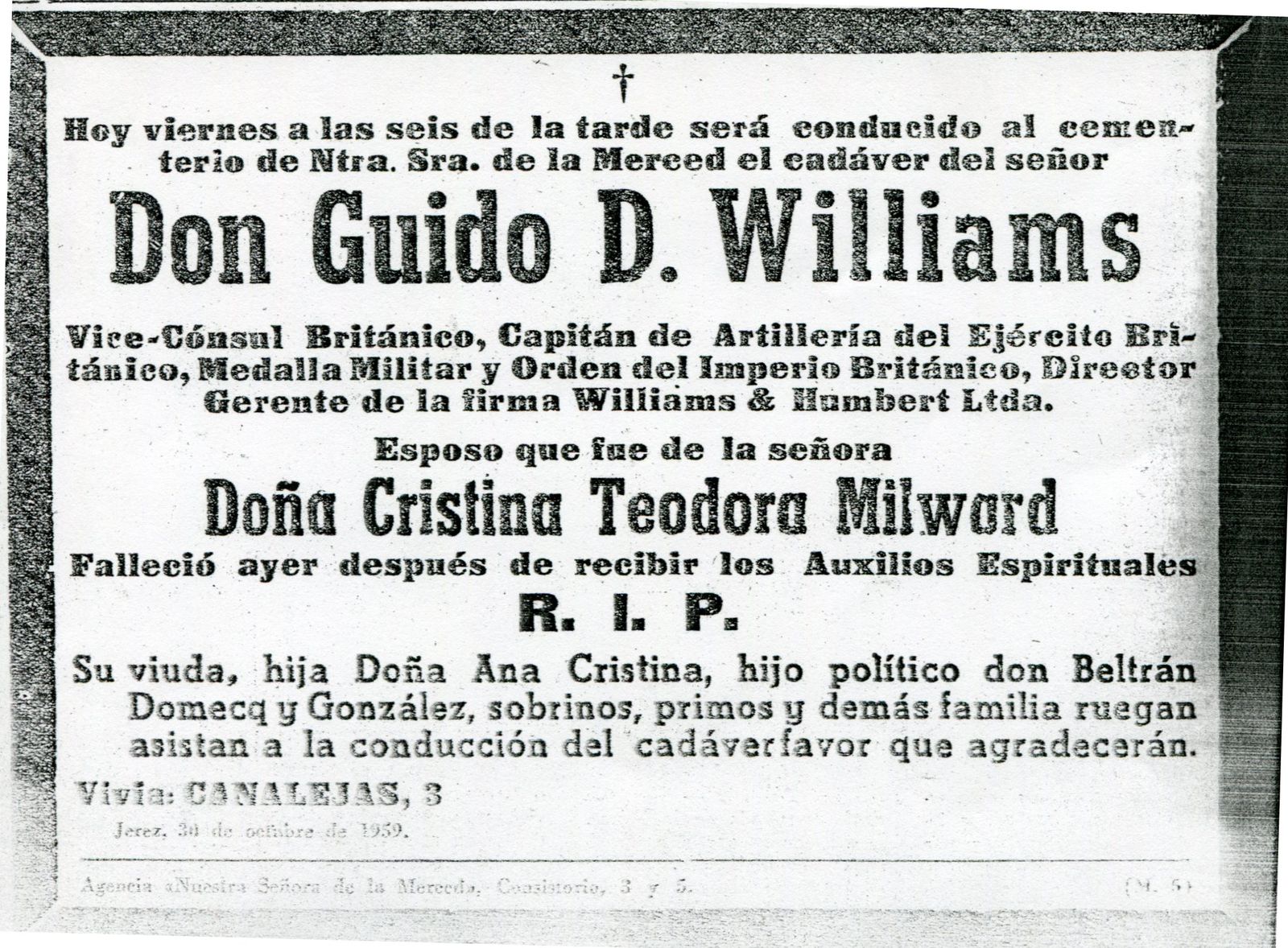 Esquela de don Guido D. Williams.