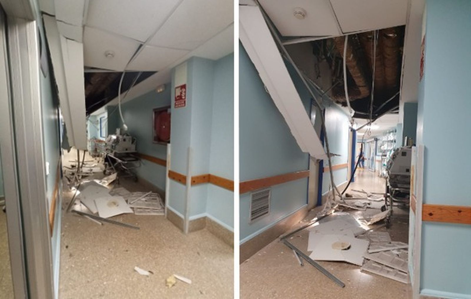 El falso techo que se ha desplomado en la zona de quirófanos del partitorio del Hospital de Valme.
