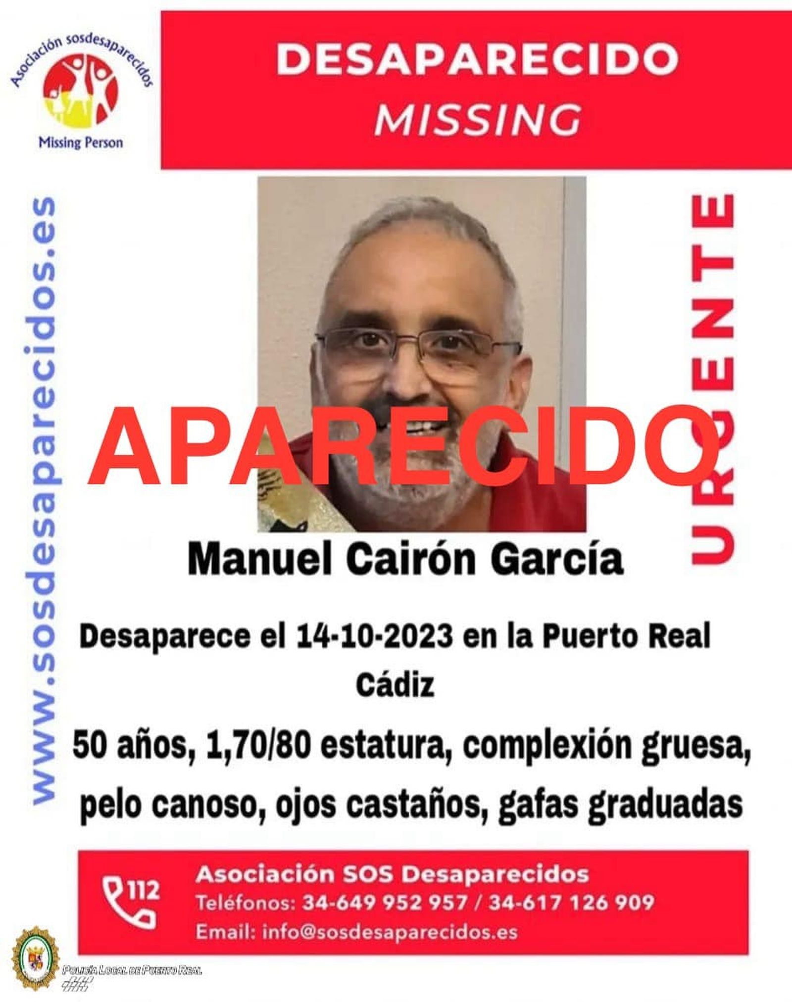 Manuel Cairon regresa a su domicilio de Puerto Real tras cinco dias desaparecido