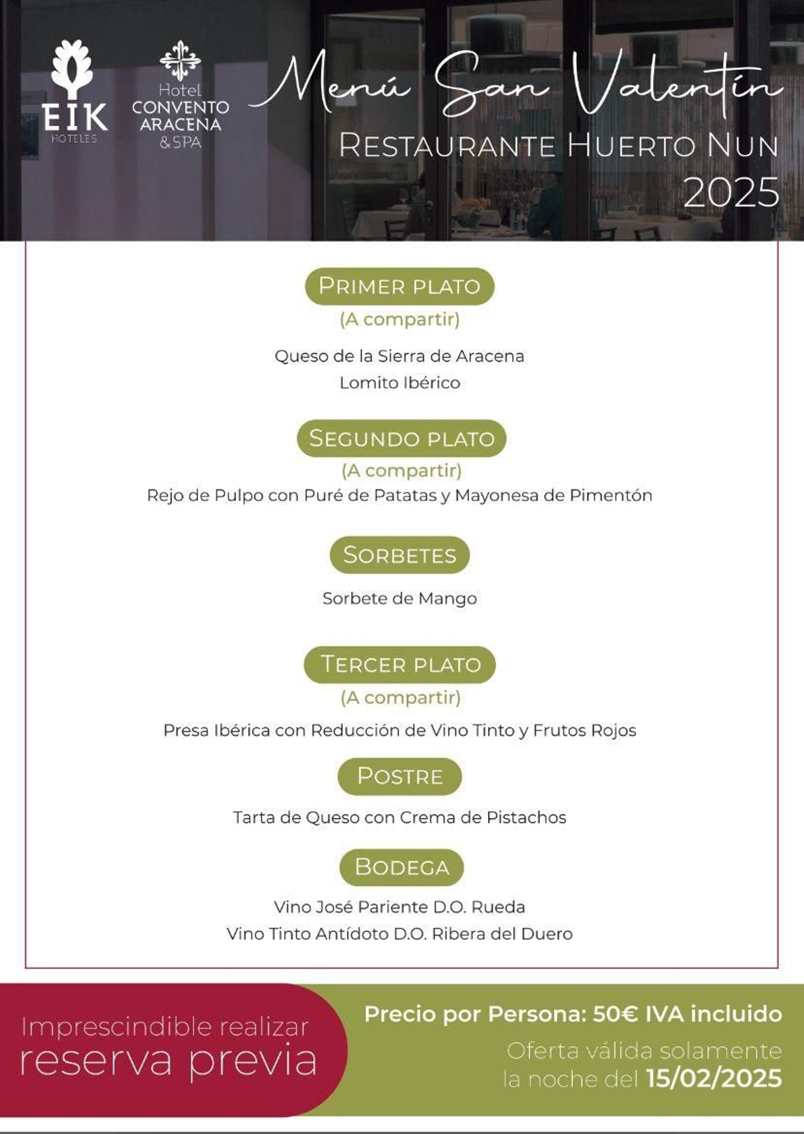 Menú de San Valentín de Huerto Nun