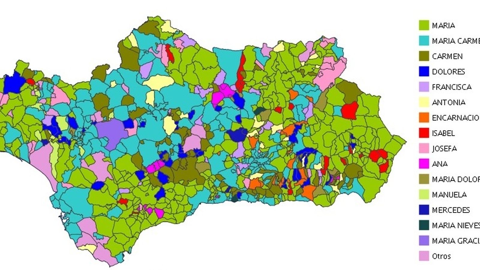 Mapa de los nombres femeninos más repetidos en Andalucía