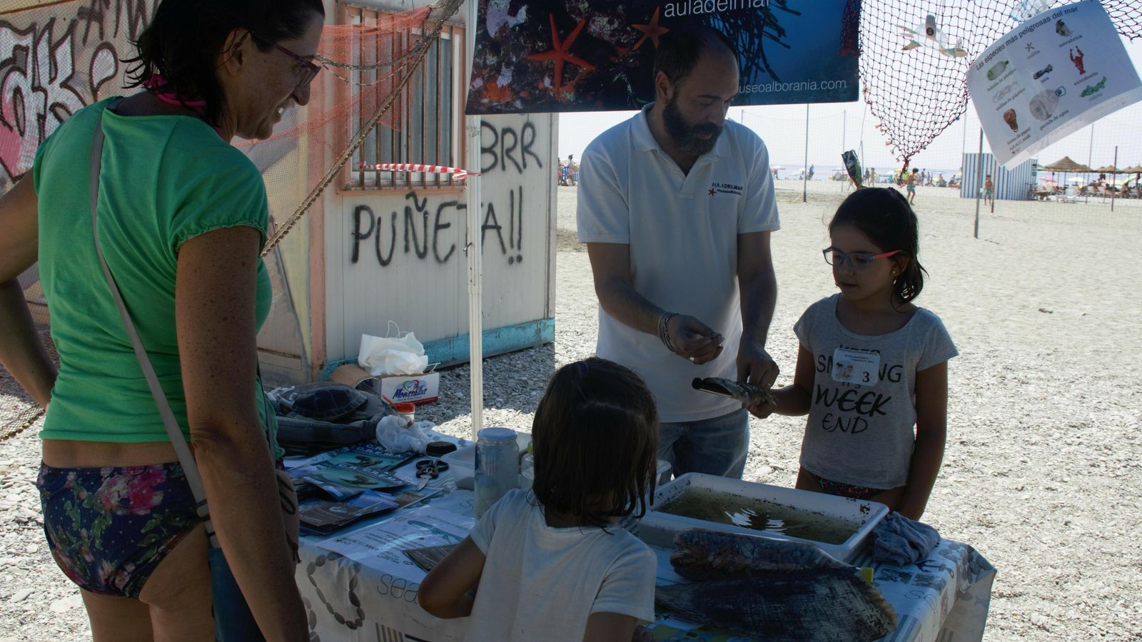 Una niña juega bajo la supervisión del biólogo del Aula del Mar Una niña juega bajo la supervisión del biólogo del Aula del Mar