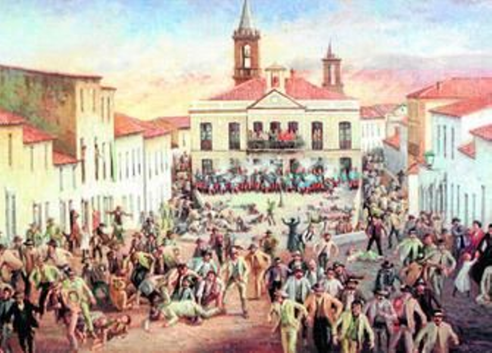 Uno de los grabados que reproduce el episodio del Año de los Tiros en Riotinto.