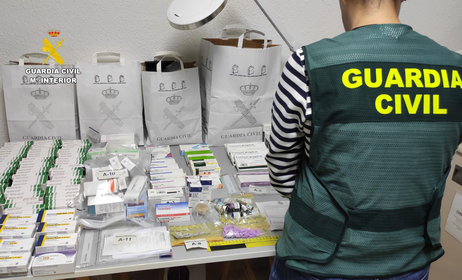 Un agente de la Guardia Civil junto al material incautado