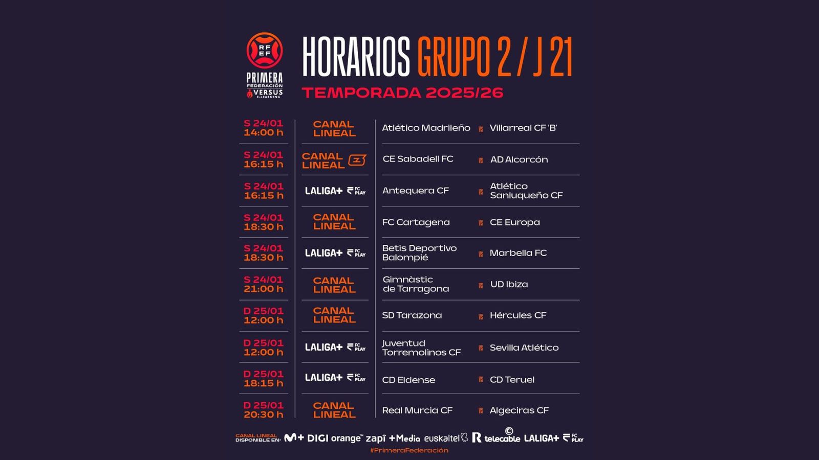 Los horarios del grupo II de la Primera Federación para la 21ª jornada.