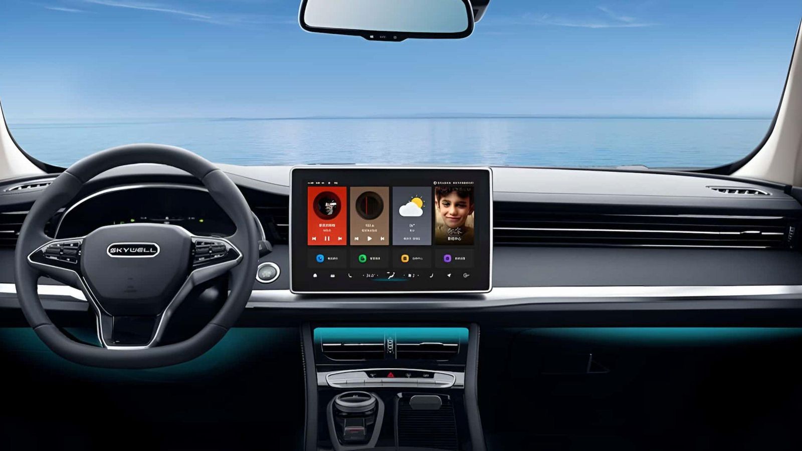 El interior del Skywell BE11 presenta un diseño muy limpio y moderno, si bien la pantalla central no se integra en el salpicadero, sino que se superpone sobre él mismo.