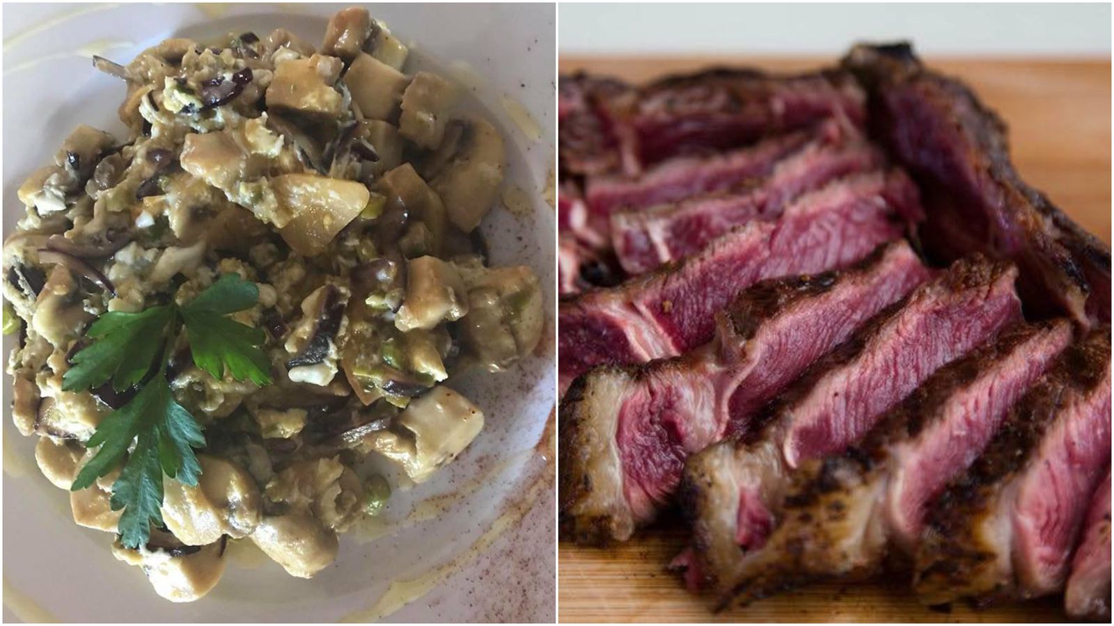 Un plato con setas y carne de primera.