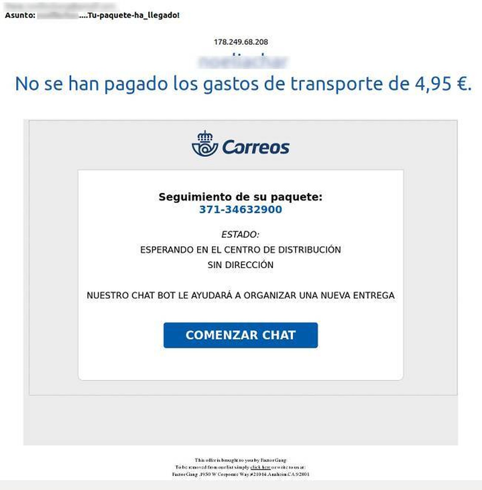Imagen de la estafa relacionada con la empresa de mensajería Correos