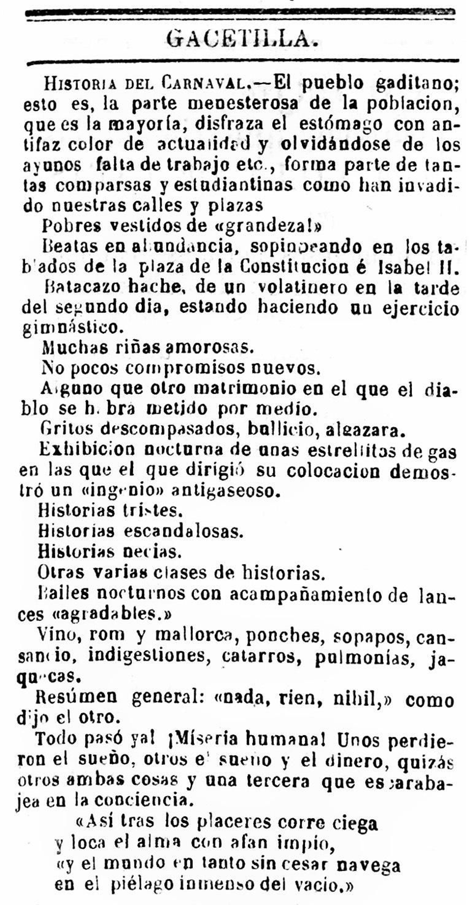 Reproducción de la  primera  noticia   aparecida en 'Diario de Cádiz' que hace  referencia al  Carnaval  en febrero de 1868.