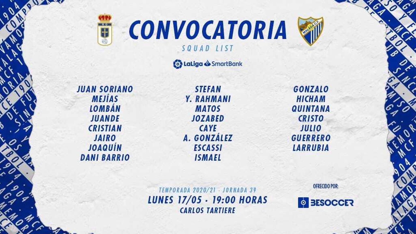 Convocatoria del Málaga para ir a Oviedo.