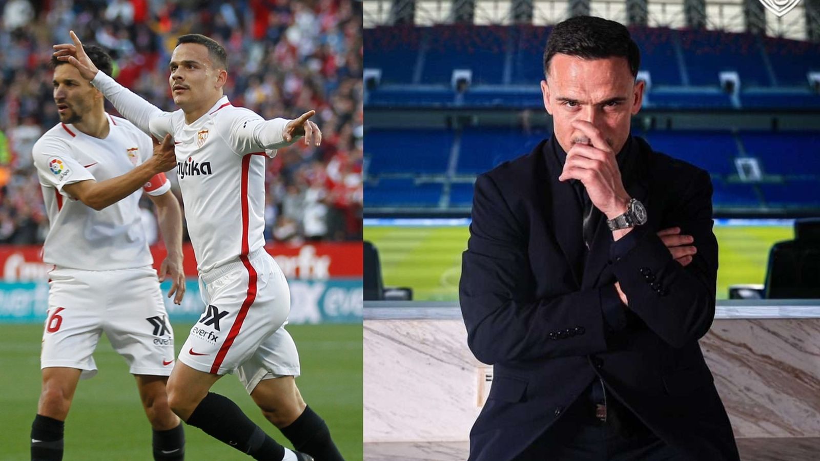 A la izquierda, Roque Mesa celebra un gol con el Sevilla junto a Jesús Navas; a la derecha, posa en el estadio del Johor Darul Takzim.