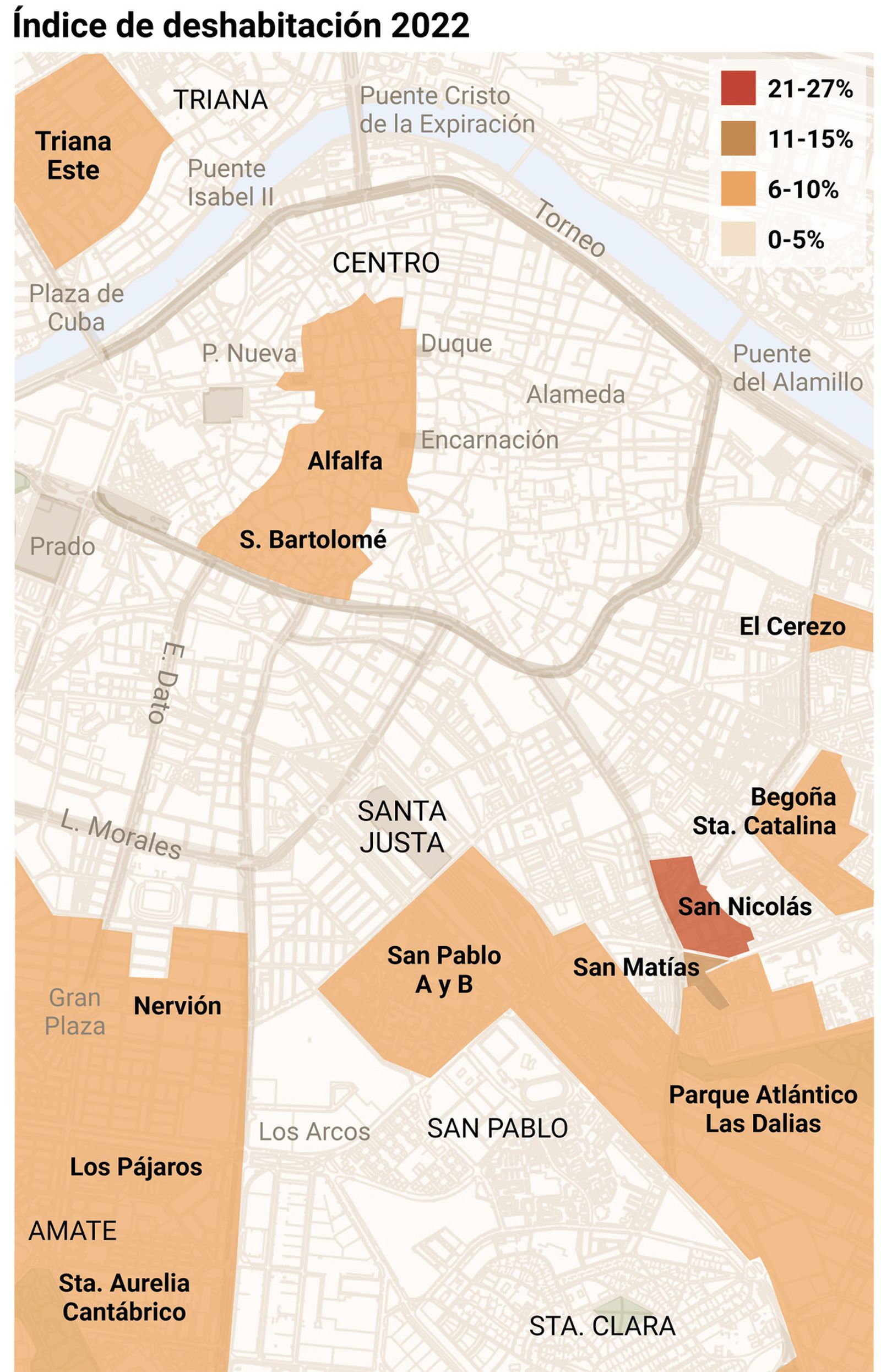 Índice de deshabitación 2022 de Sevilla. Fuente: Emvisesa.