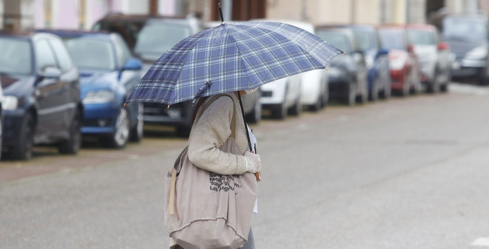 Una mujer cruza una calle resguardada de la lluvia por un paraguas.