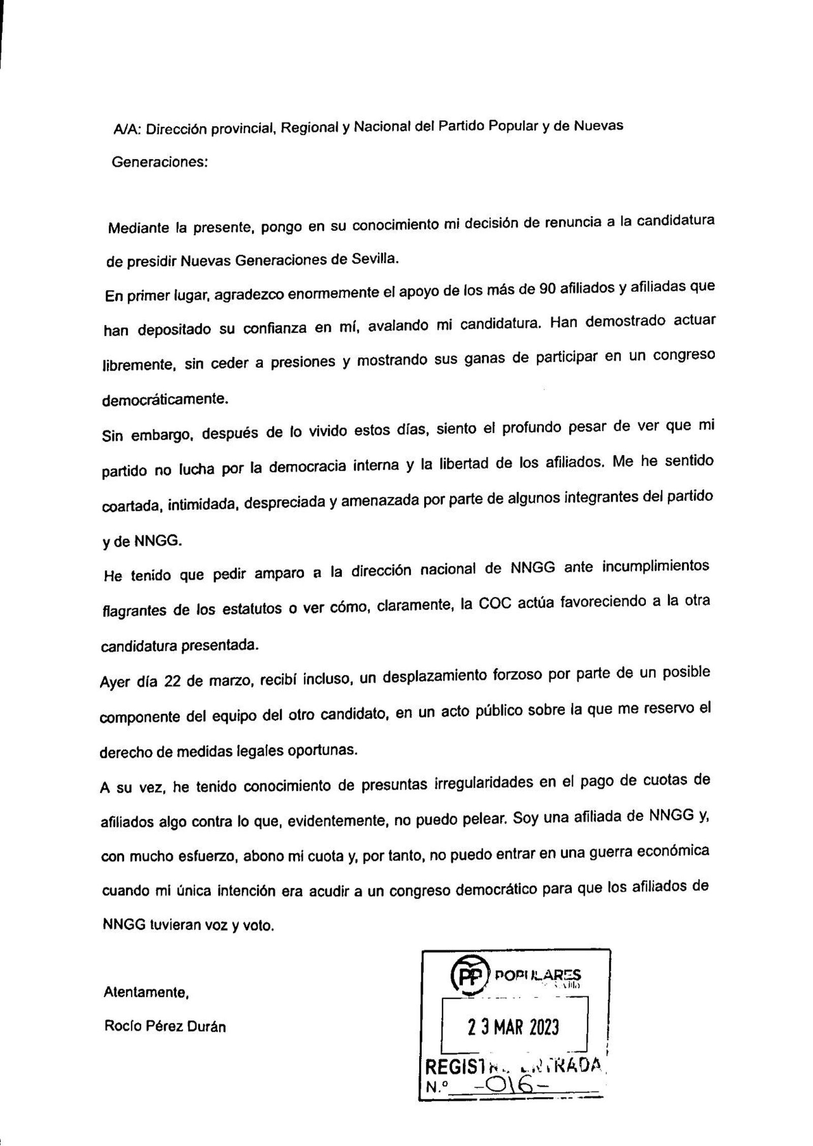 La carta de renuncia de Rocío Pérez