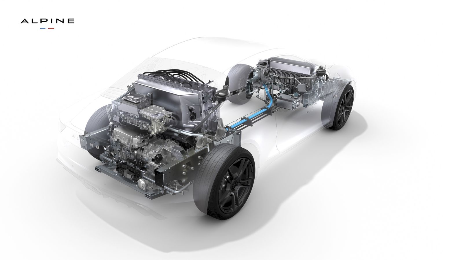 Los módulos de las baterías se reparten bajo el capó, donde otros A110 tienen el maletero, y a la espalda de los asientos trasero. El motor impulsa el eje posterior.