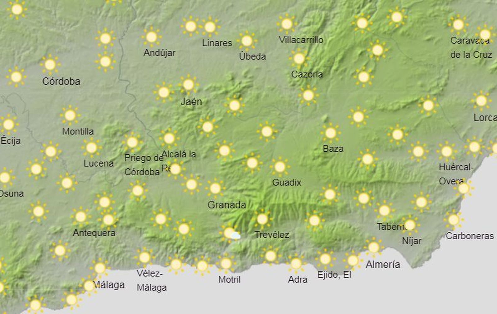 Mapa de previsión del tiempo en la provincia de Granada a las 14:00 horas según predicción de la Aemet