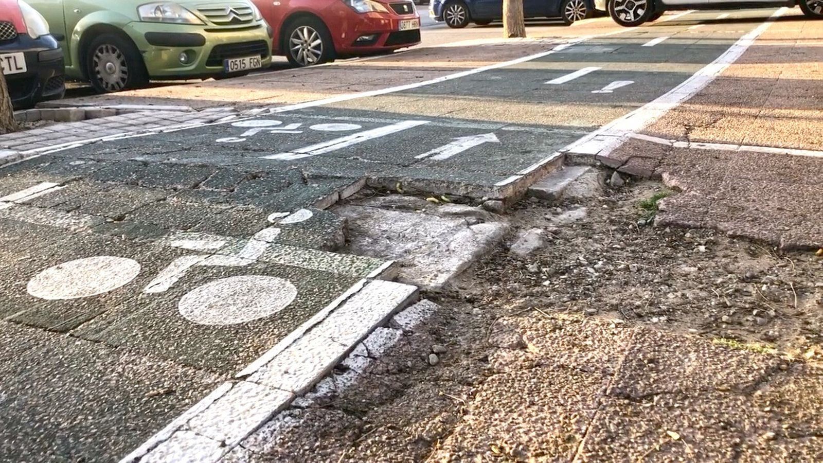 Uno de los tramos más deteriorados del carril bici en San Fernando.
