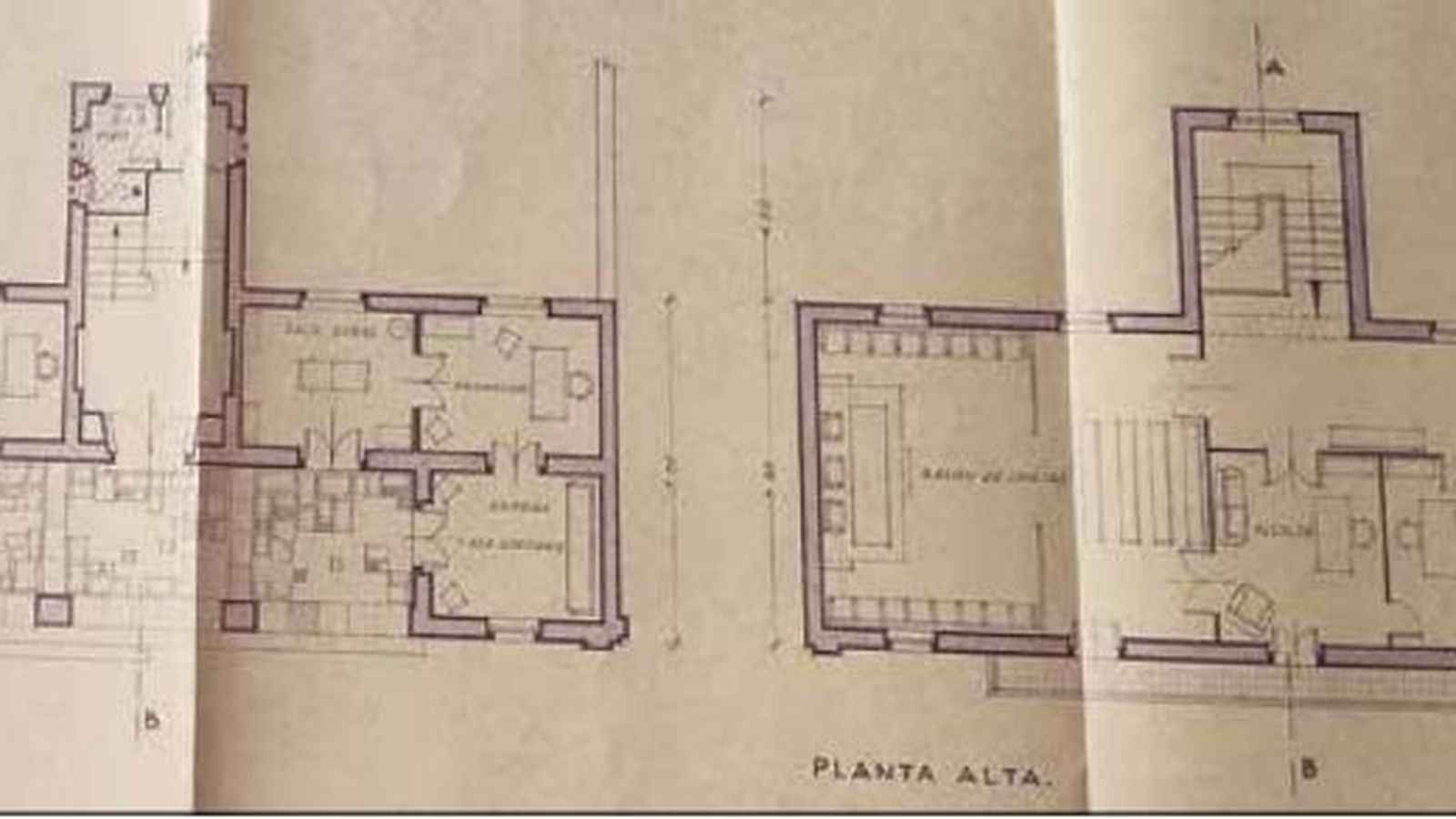 . Plantas de la casa consistorial de Tahivilla, en las que se aprecia la diversidad de su programa público; destinándose la planta inferior a los servicios públicos y la superior a la administración institucional del poblado. Fernando de la Cuadra, 1946. APFCI.