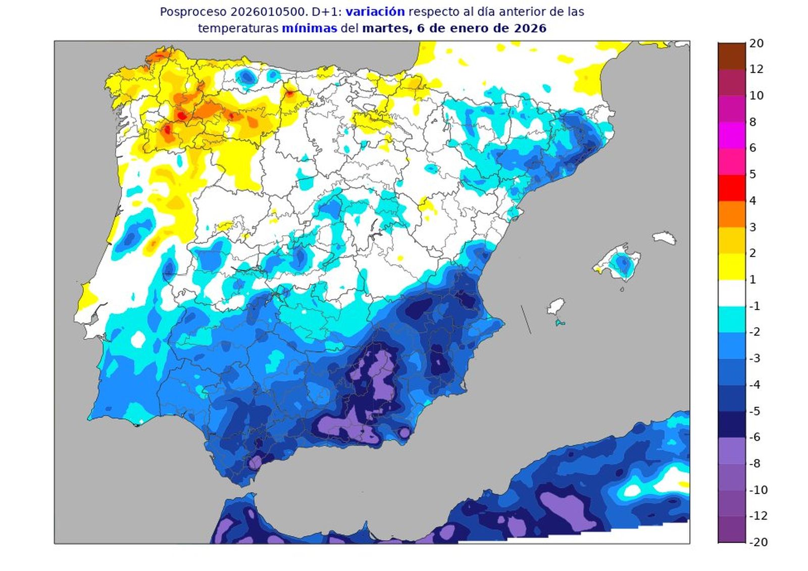 Mapa con la variación de las temperaturas que se espera para el martes 6 de enero, Día de Reyes.