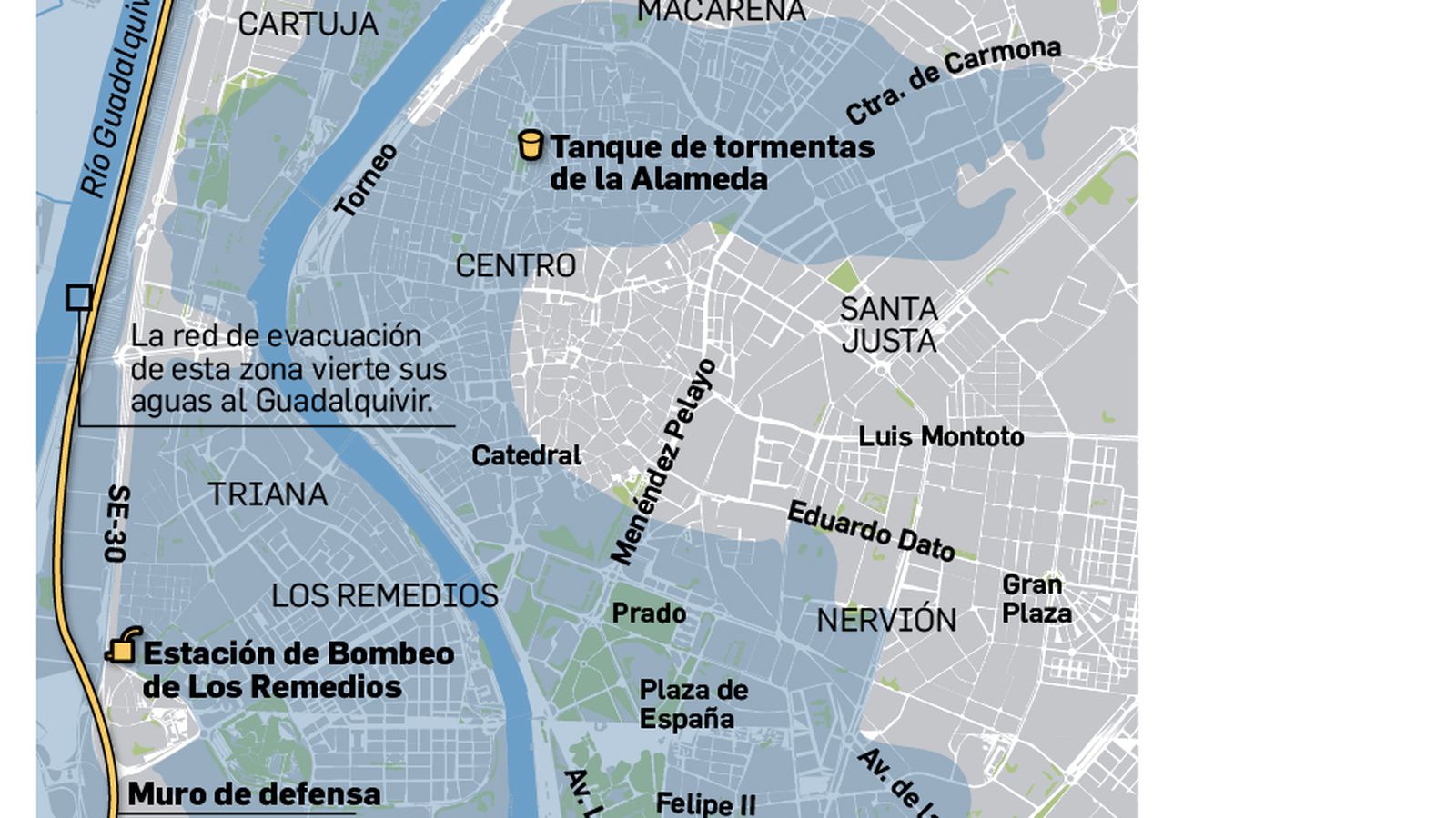 Zonas de mayor riesgo de inundación en Sevilla.