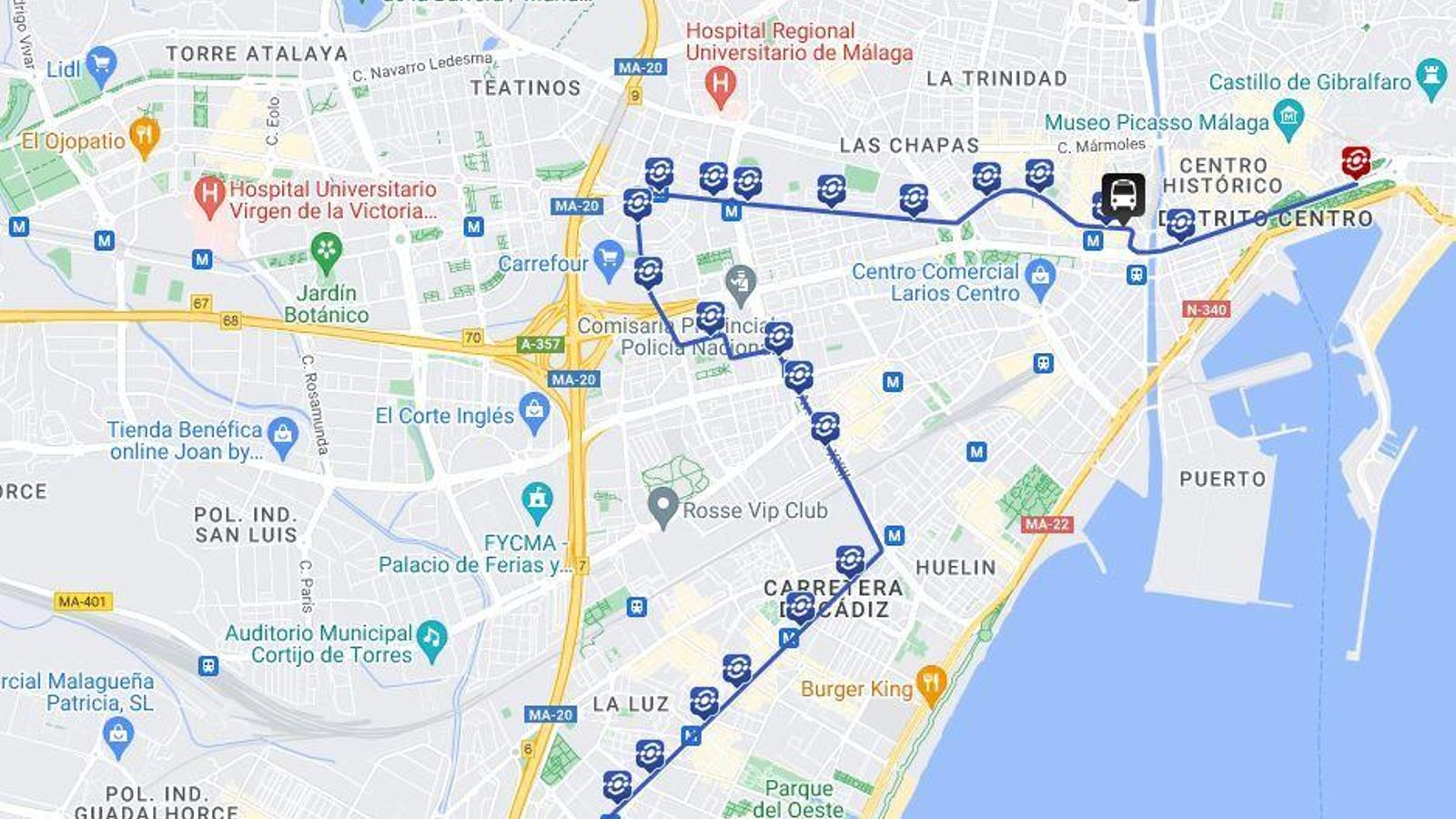 Recorrido de la línea 31 de autobús de la EMT en Málaga.