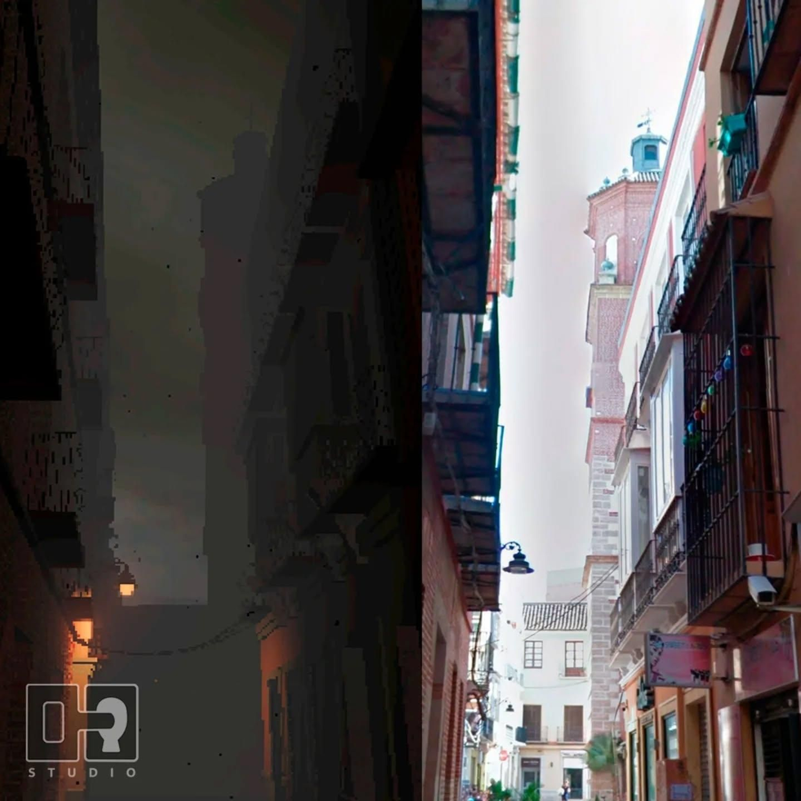 La estetica del videojuego y la recreada calle Mártires de Málaga.