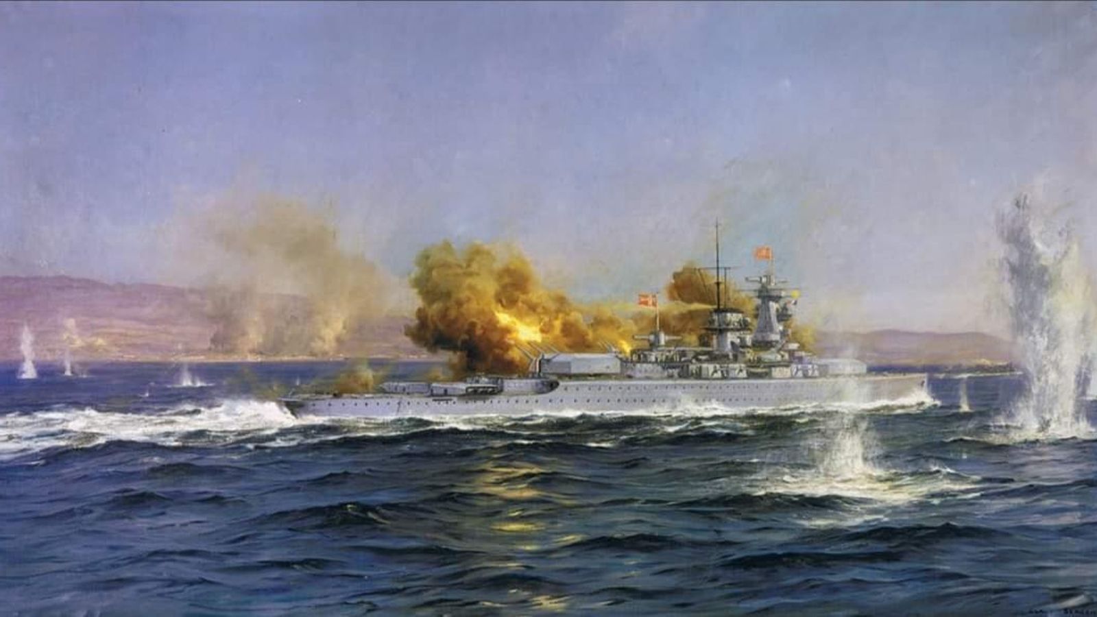 Pintura expuesta en Museo Marítimo Nacional de Greenwich (Londres) sobre el ataque de la armada alemana en respuesta a la batería de costa