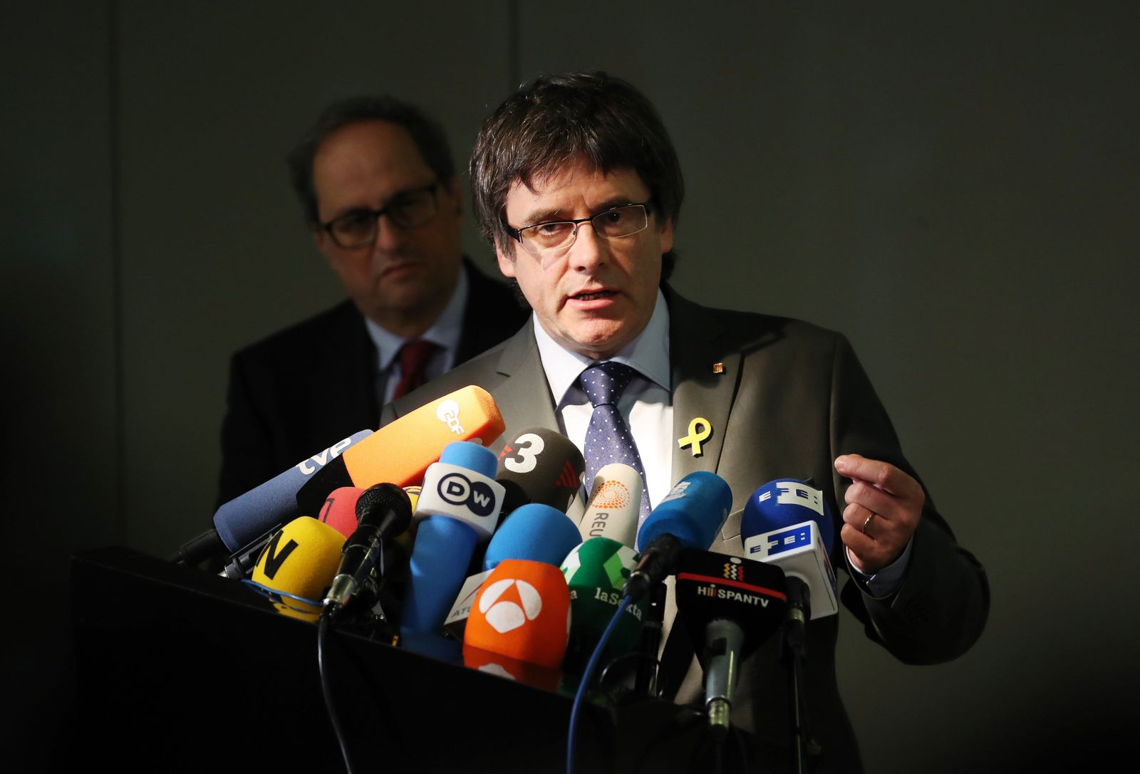Puigdemont, durante su comparecencia de este martes en Berlín junto a Quim Torra.