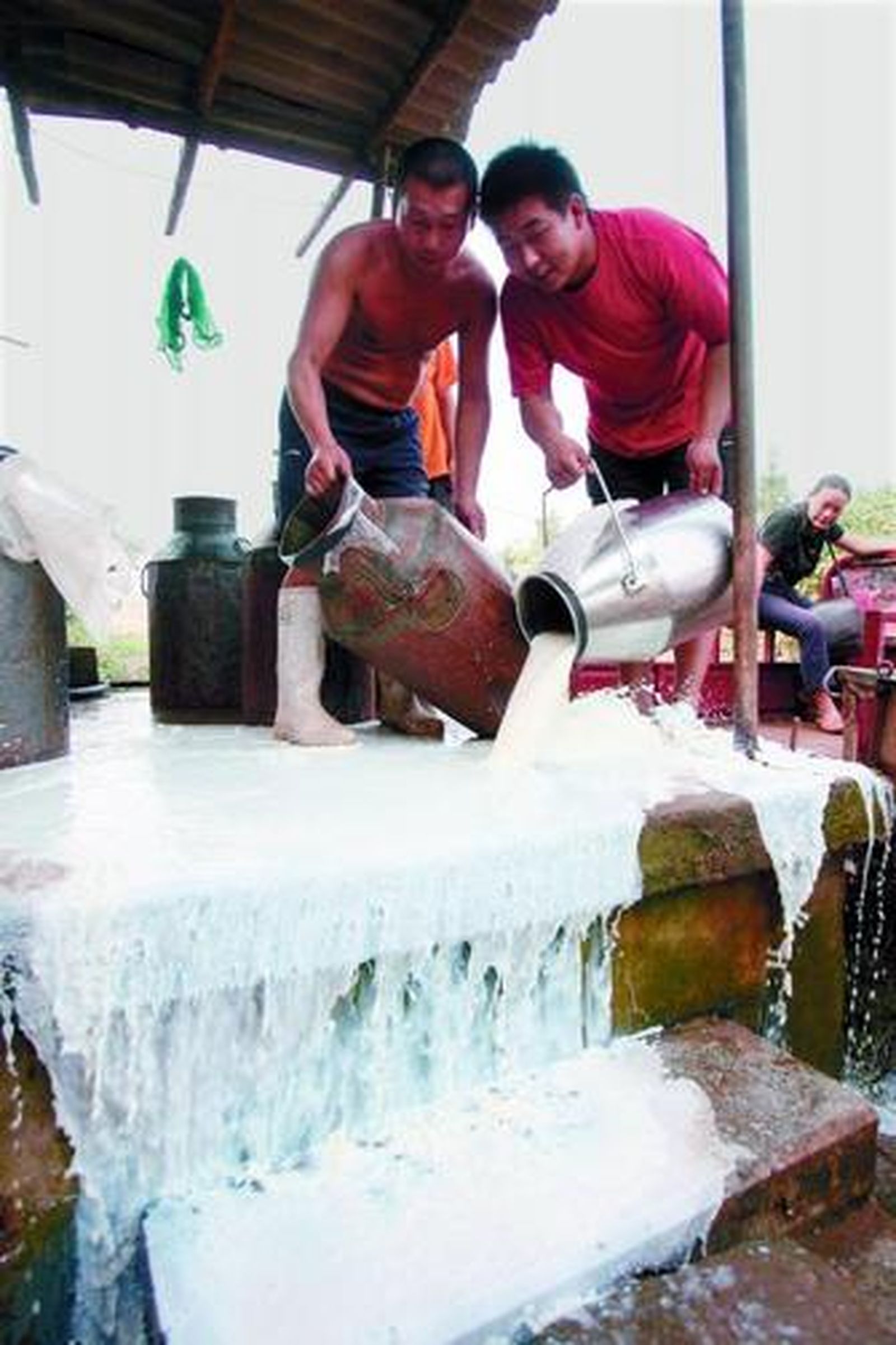Dos ganaderos se deshacen de leche en la provincia de Hubei.