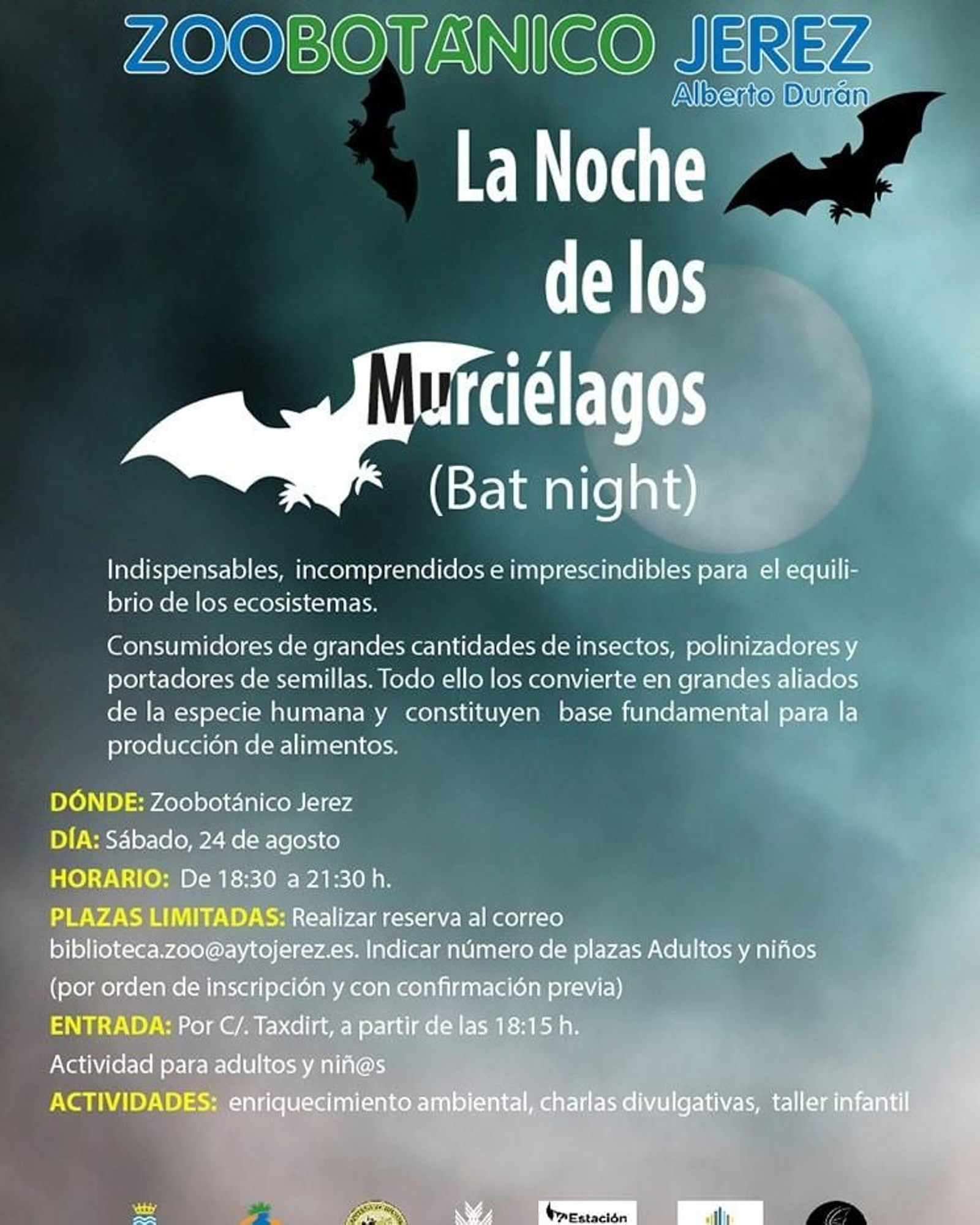 Noche de los murciélagos en el Zoobotánico de Jerez el 24 de agosto. Plazas limitadas. Toda la información e inscripción en el correo biblioteca.zoo@aytojerez.es