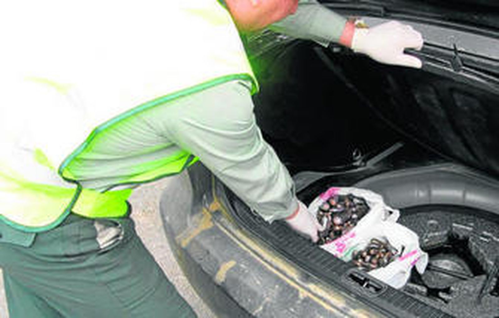 Uno de los agentes muestra dos bolsas repletas de bellotas de hachís.