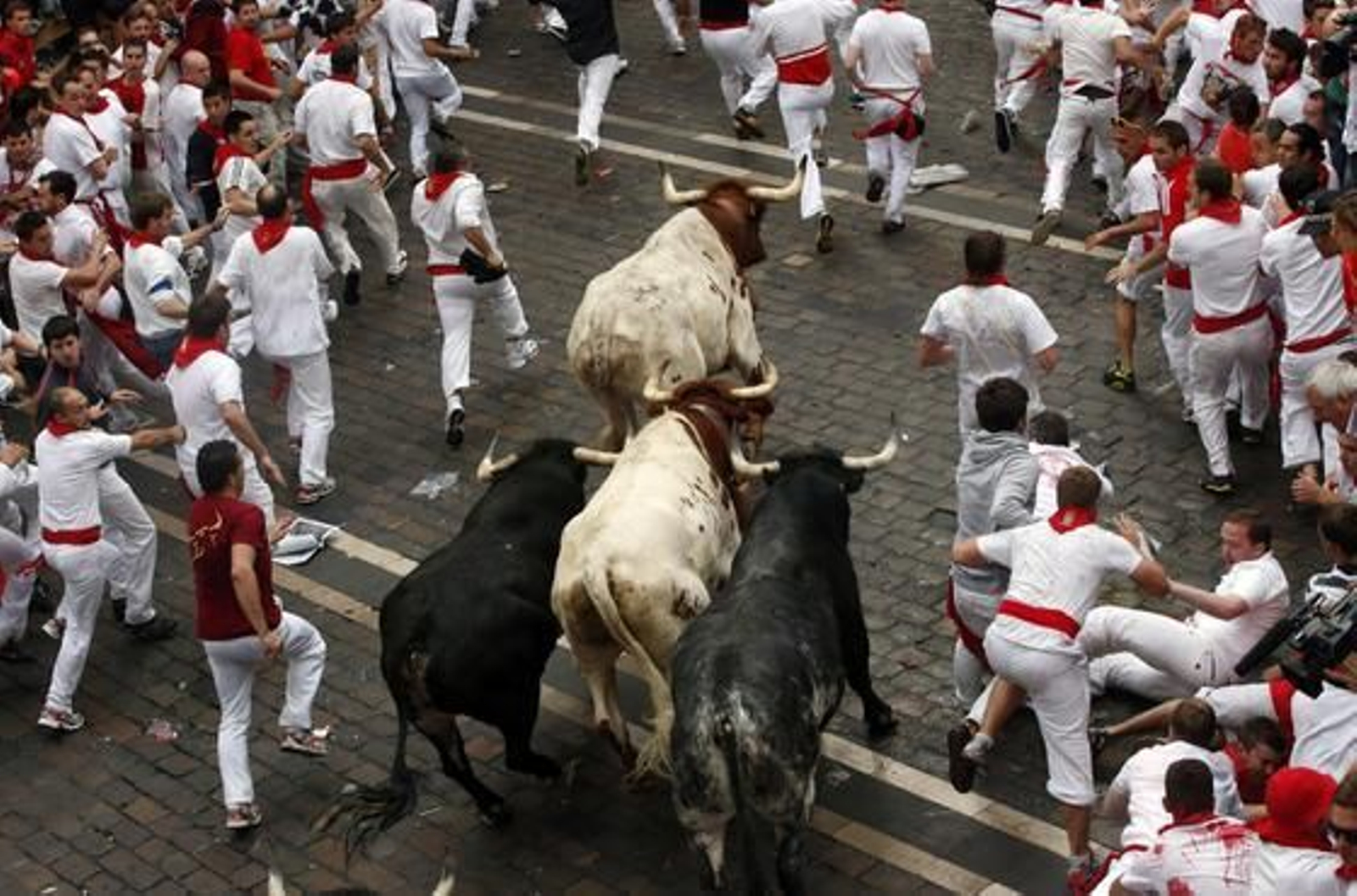 El primer encierro de 2012 finaliza con una cornada en el primer tramo y la entrada en la plaza de un toro con un mozo en una de sus astas.

Foto: EFE / Reuters
