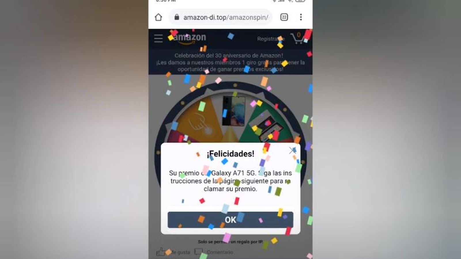 Ejemplo de lo que te aparece en el intento de phishing con 30 aniversario de Amazon
