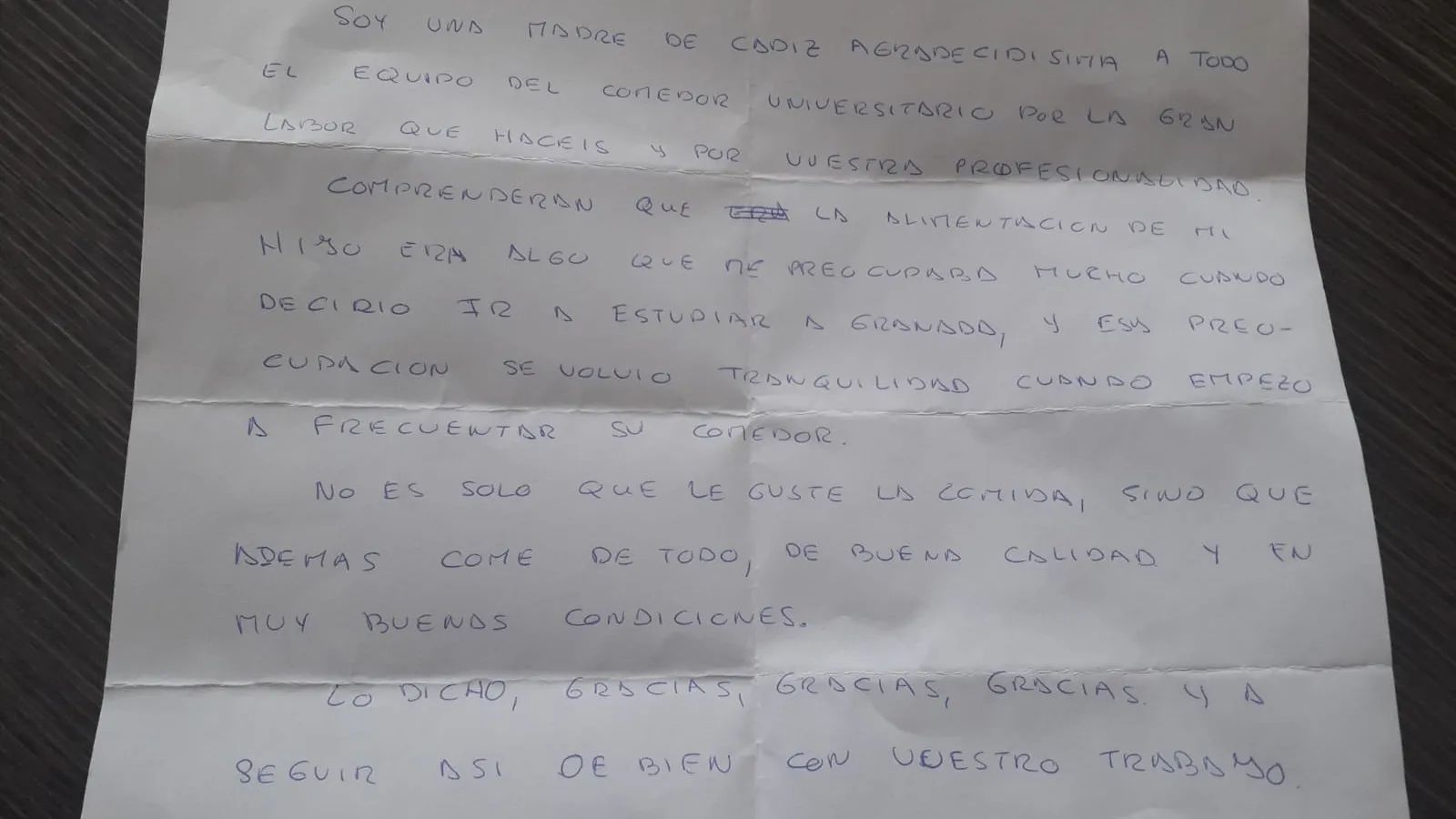 Carta de una madre de Cádiz a lso comedores de la Universidad de Granada
