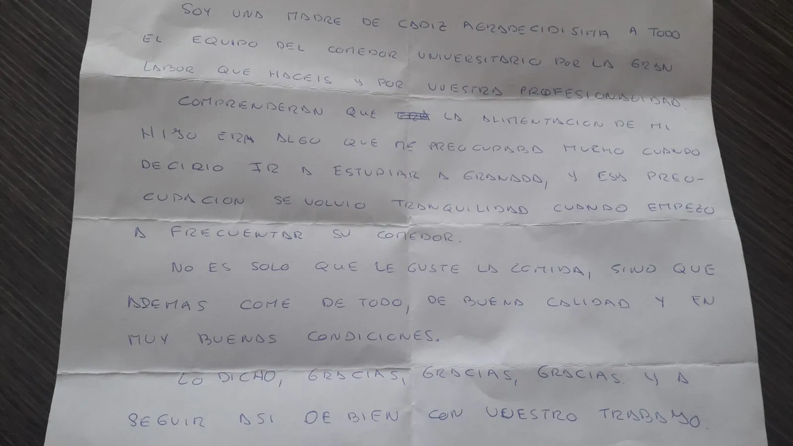 Carta de una madre de Cádiz a lso comedores de la Universidad de Granada