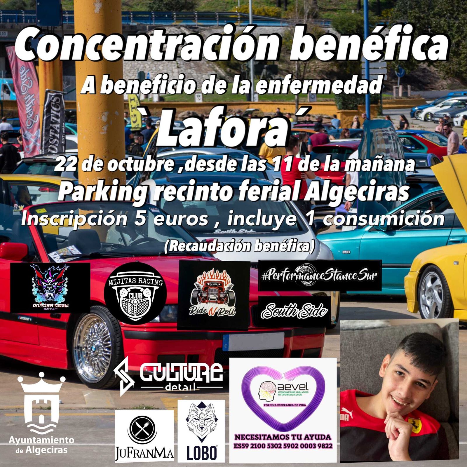 El cartel de la concentración de coches solidaria.