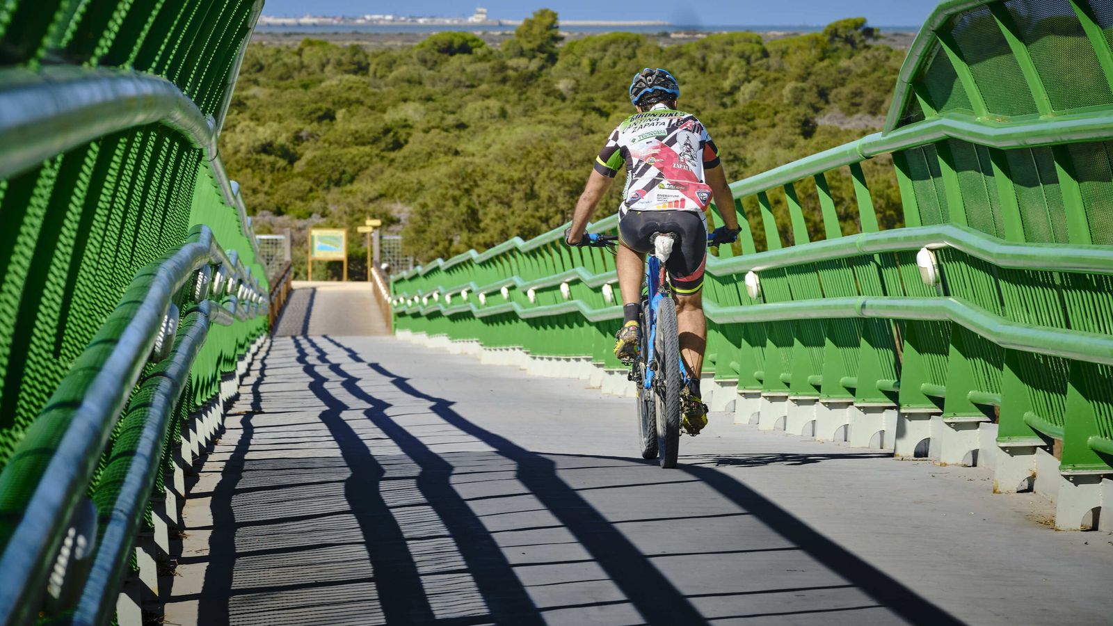 Un ciclista circula por la pasarela que conecta Puerto Real con el Pinar de La Algaida.