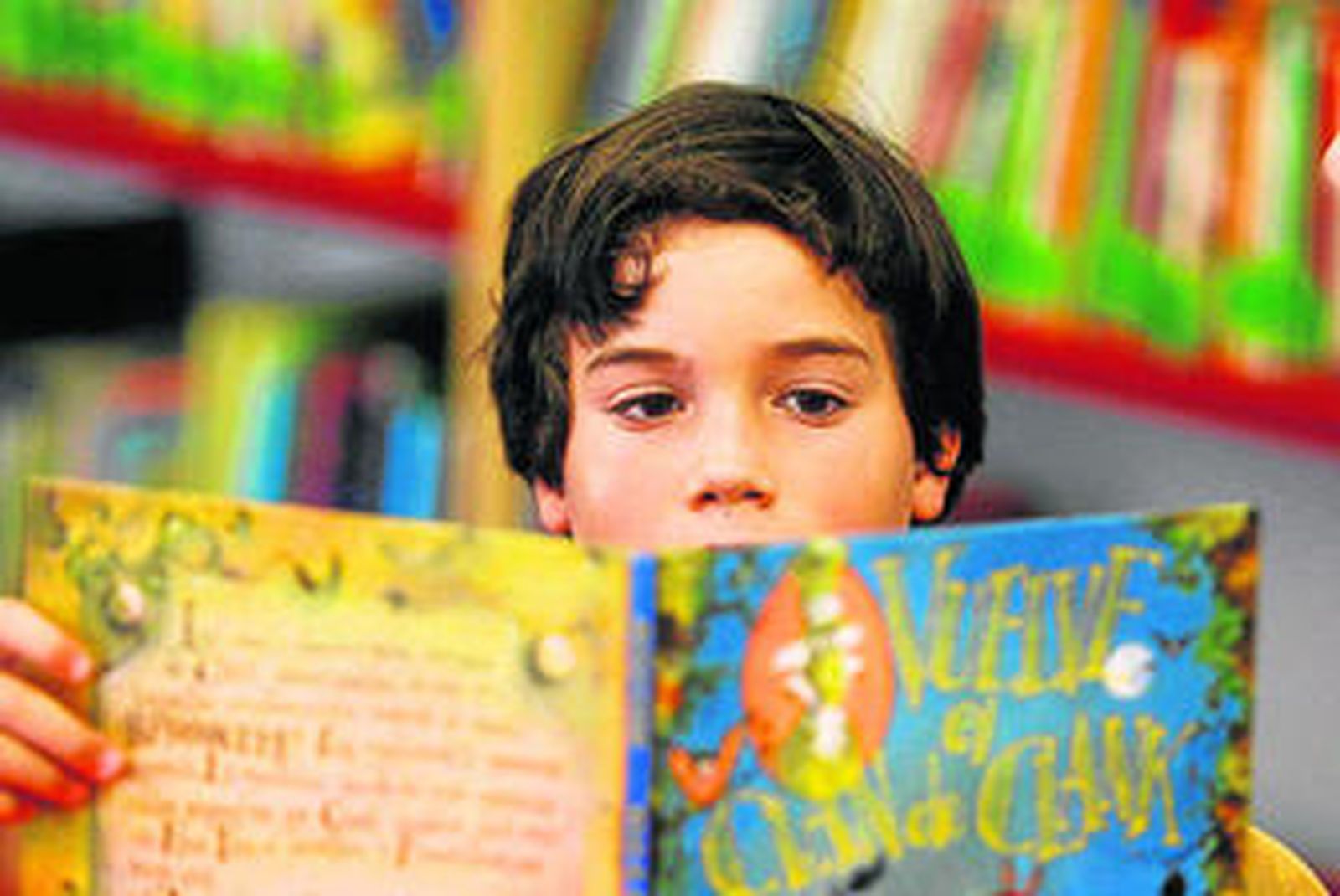 Un niño leyendo un cuento en una biblioteca.