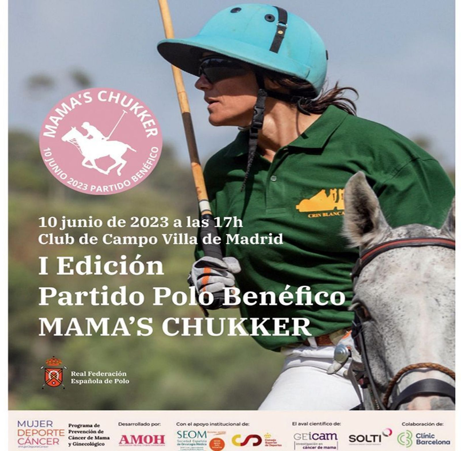 Cartel del partido de polo contra el cáncer de mama.
