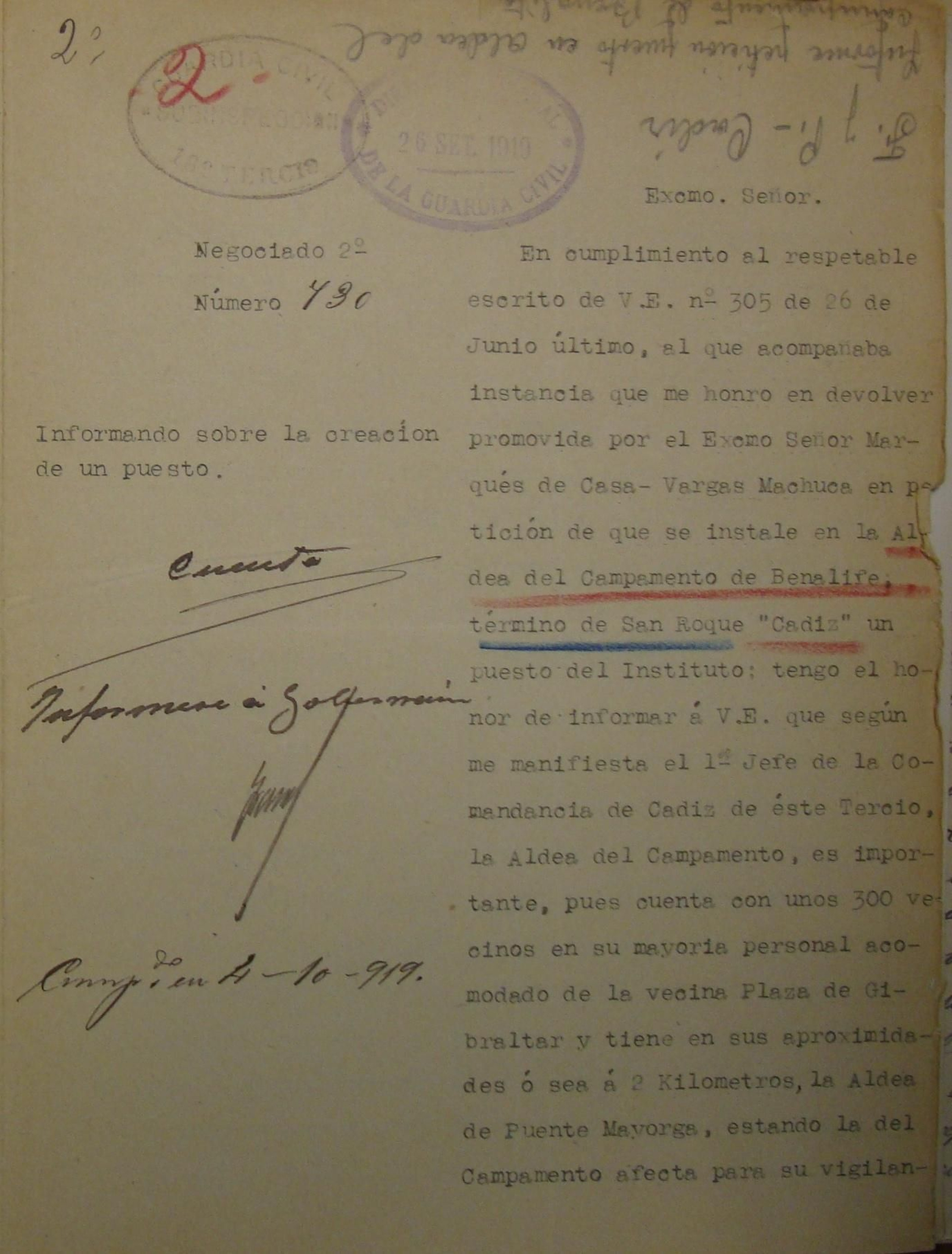 Informe emitido en 1919 por el coronel subinspector del 18ª Tercio de Cádiz.