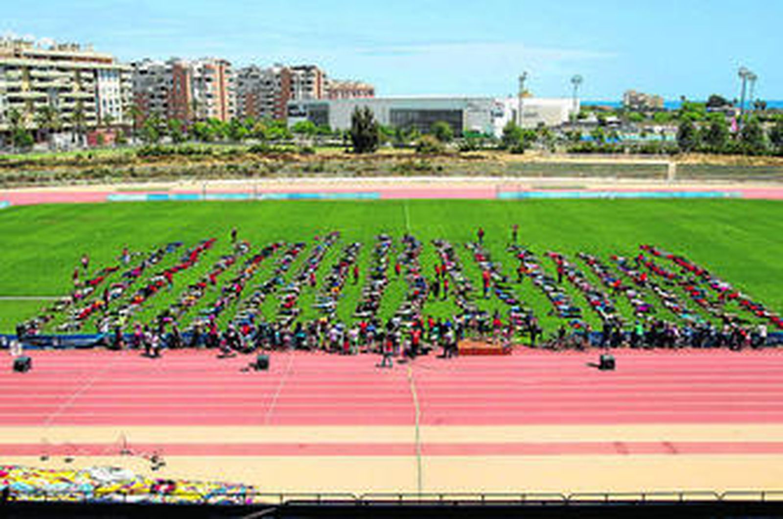 Los participantes, colocados en filas en el césped del estadio de atletismo Ciudad de Málaga.