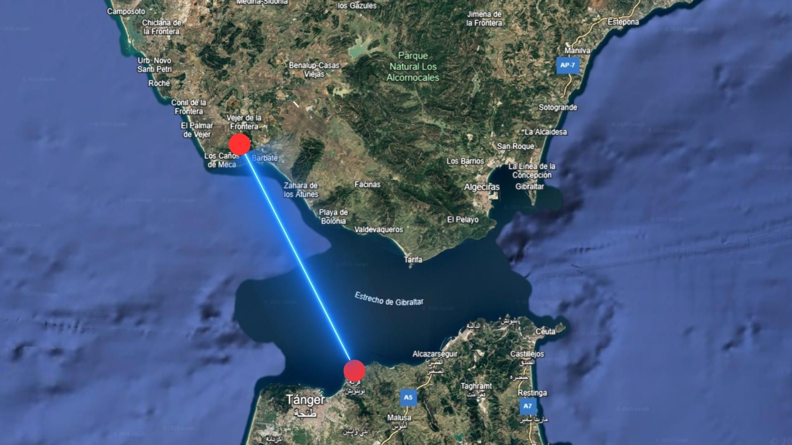 Recreación del trazado previsto, entre Vejer y el norte de Marruecos.