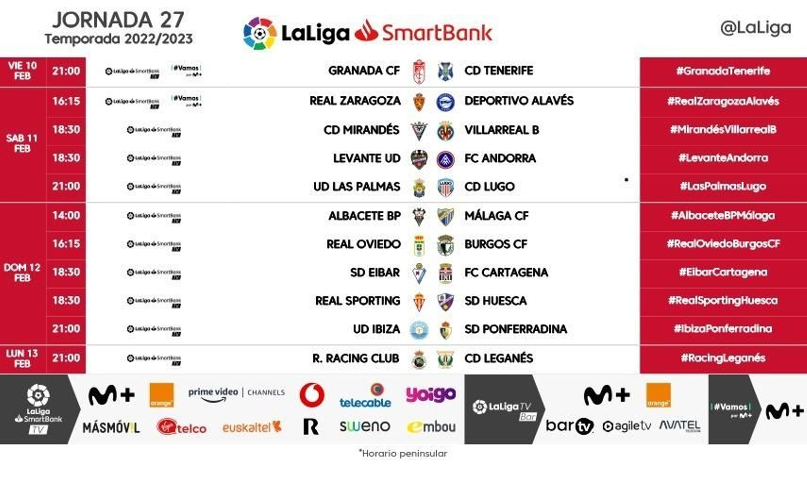 Horarios de la jornada 27 de Segunda División
