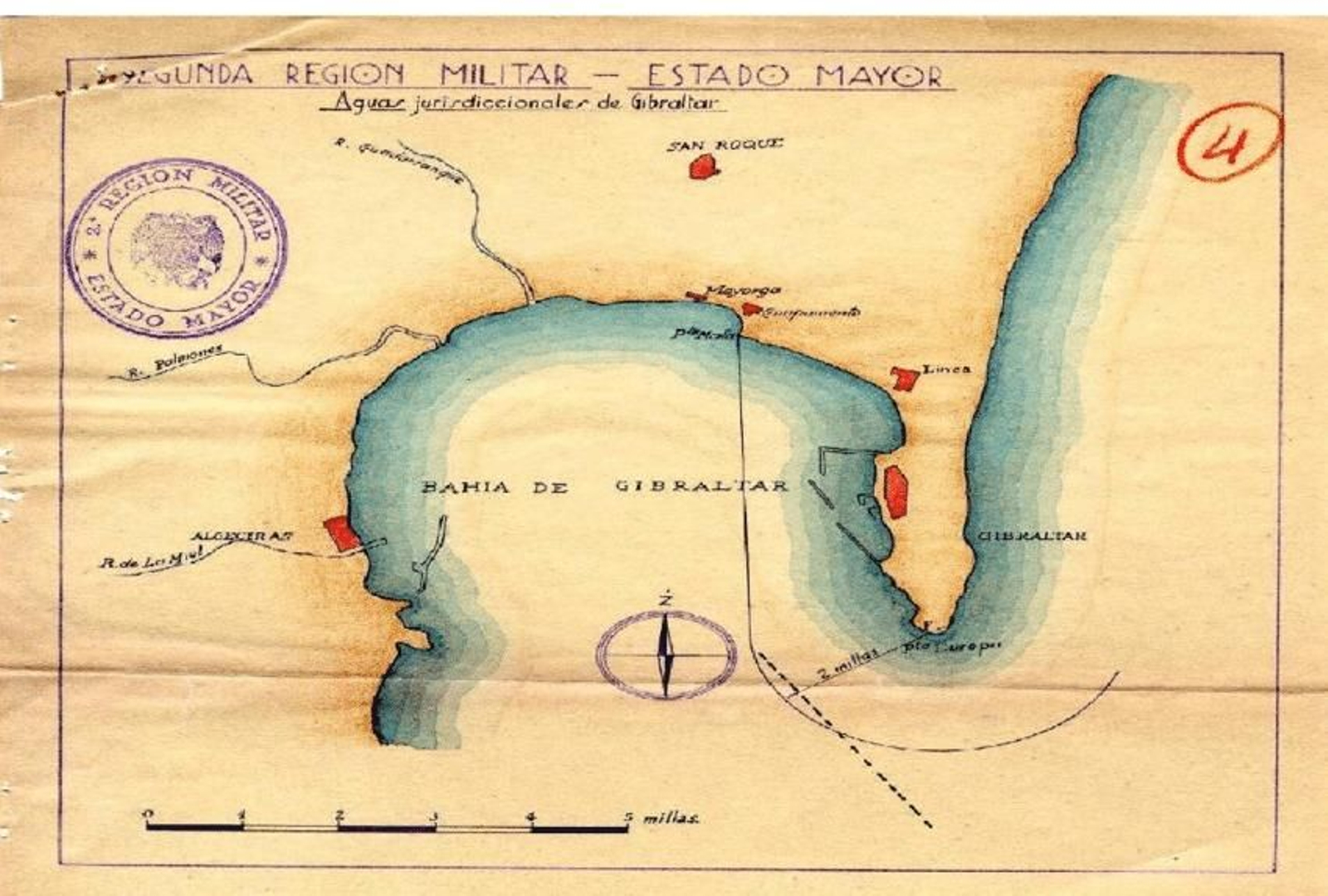 Mapa militar franquista con aguas jurisdiccionales de Gibraltar (1938). Mapa militar franquista con aguas jurisdiccionales de Gibraltar (1938).