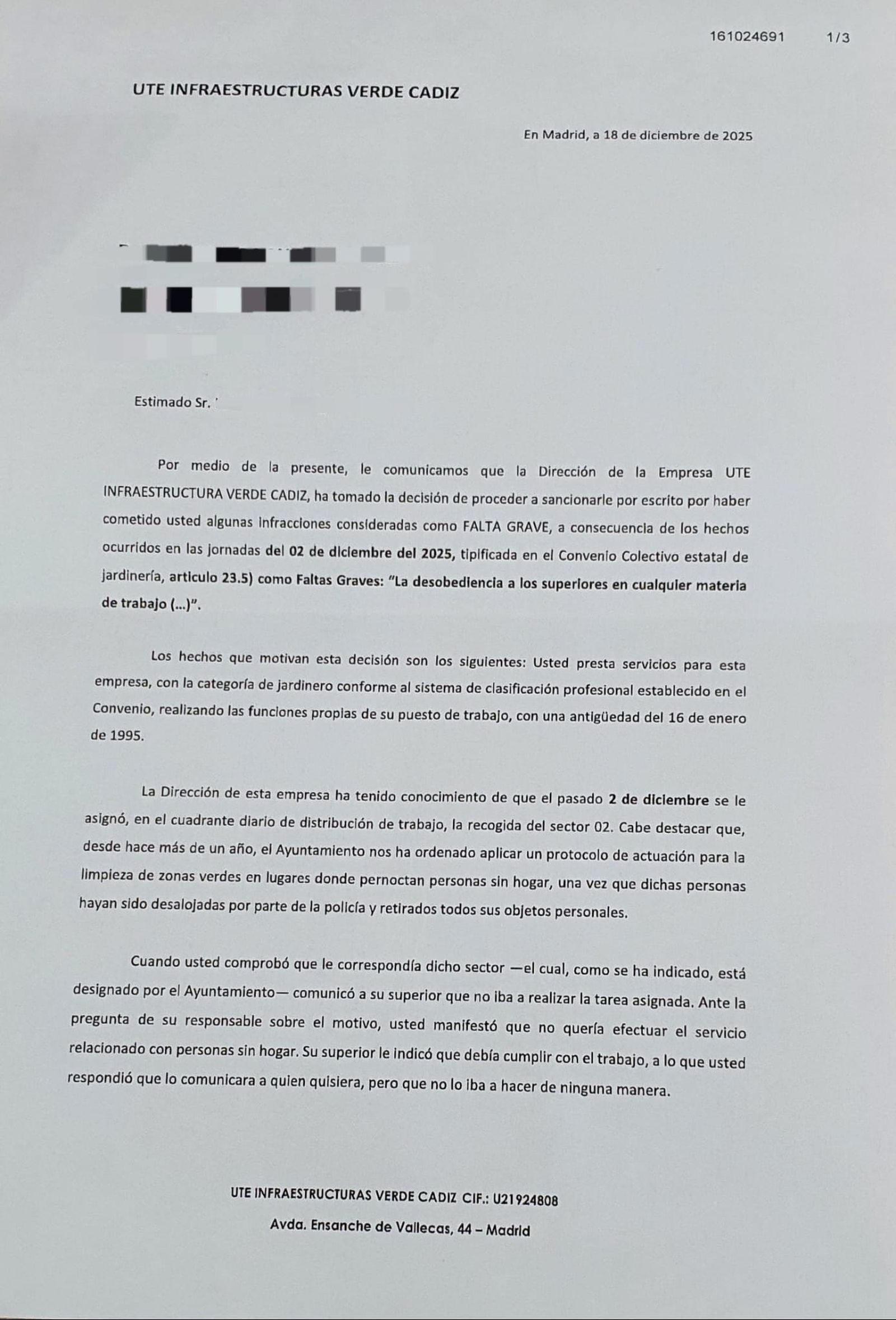Carta de sanción a un trabajador de la UTE Infraestructura Verde Cádiz por negarse a colaborar en la retirada de enseres de personas sin hogar en Cádiz.