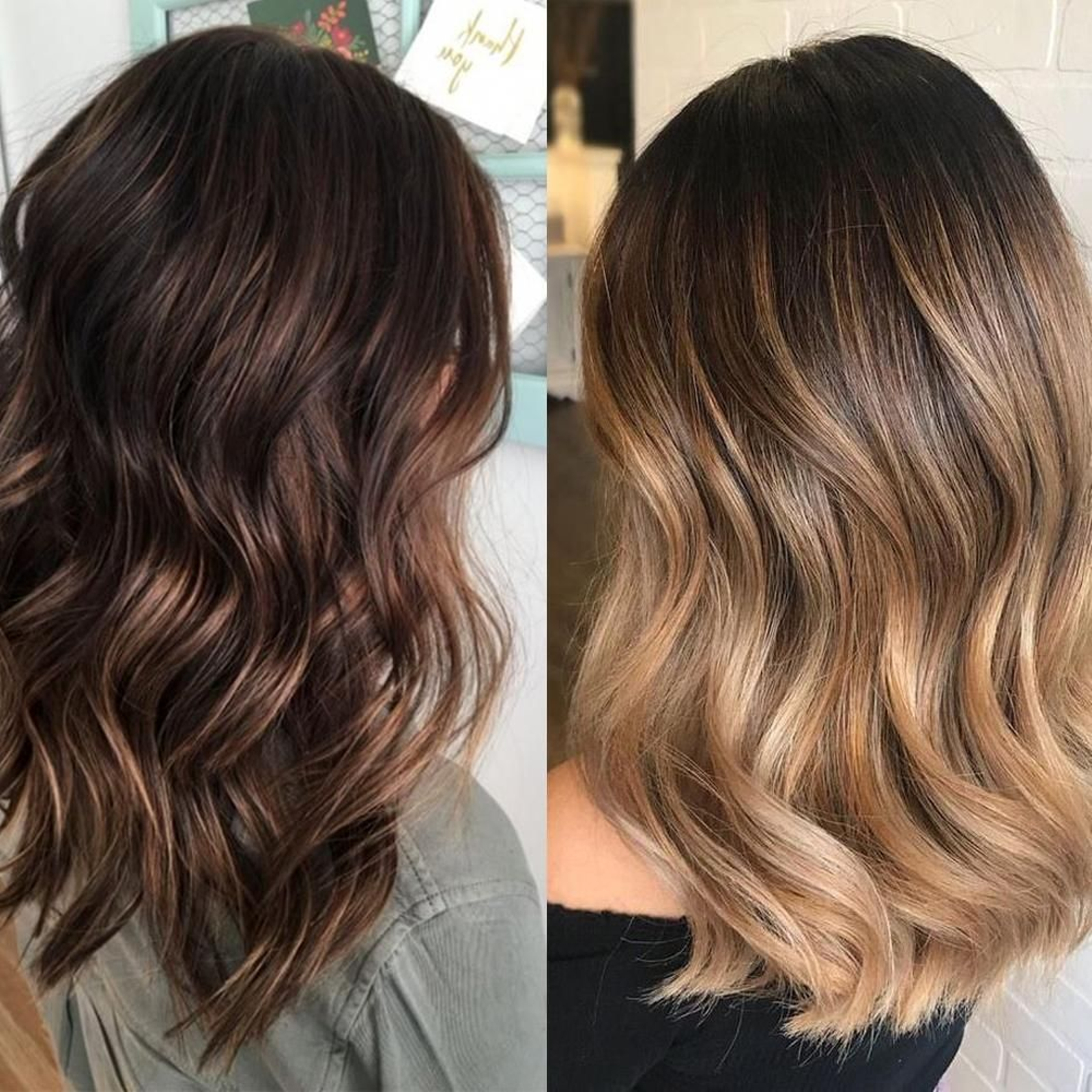 Mechas melting nude en una melena morena (izquierda) y en un cabello castaño (derecha). Mechas melting nude en una melena morena (izquierda) y en un cabello castaño (derecha).