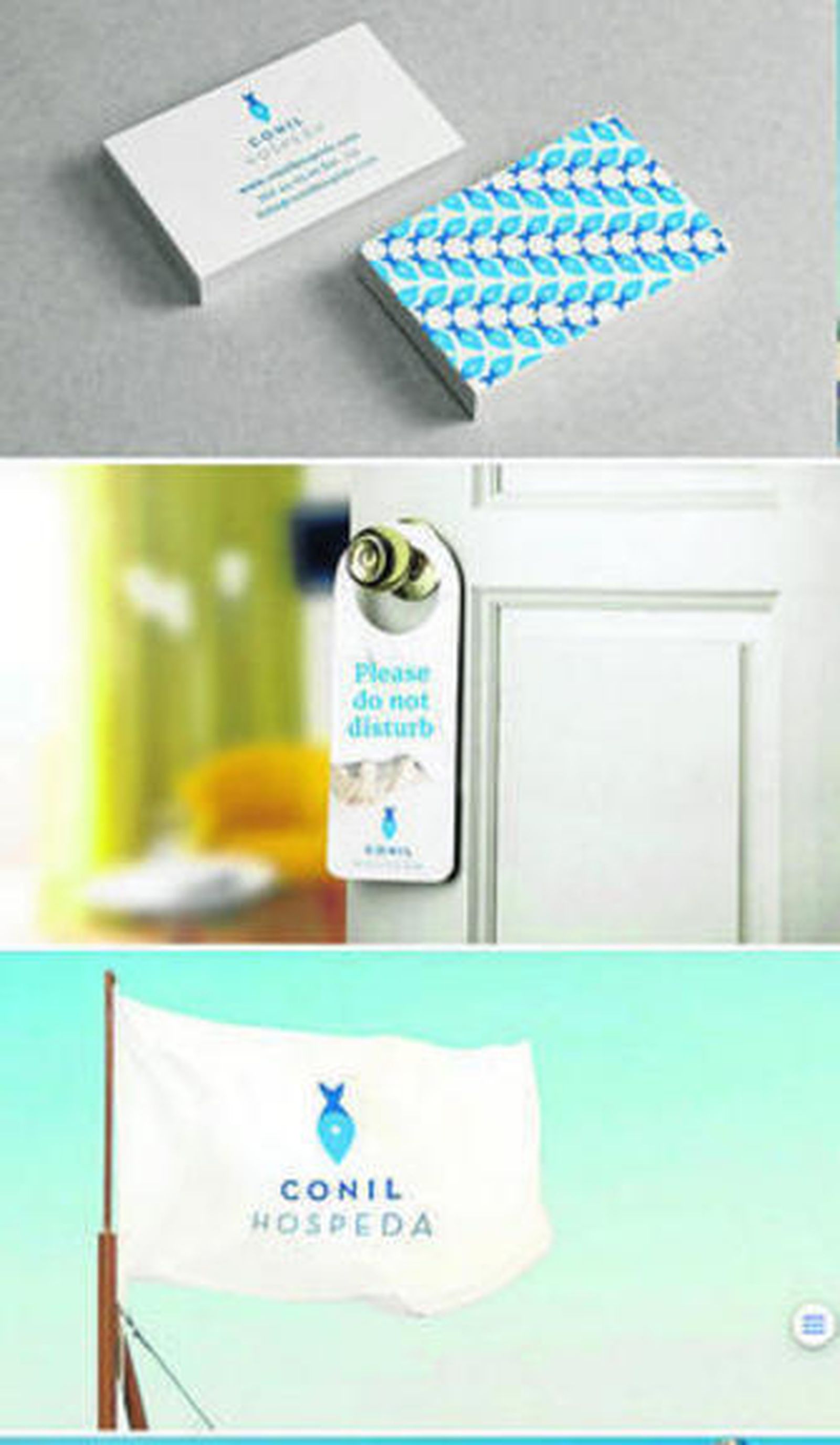 La imagen corporativa de Conil Hospeda en tarjetas, puertas o banderas.