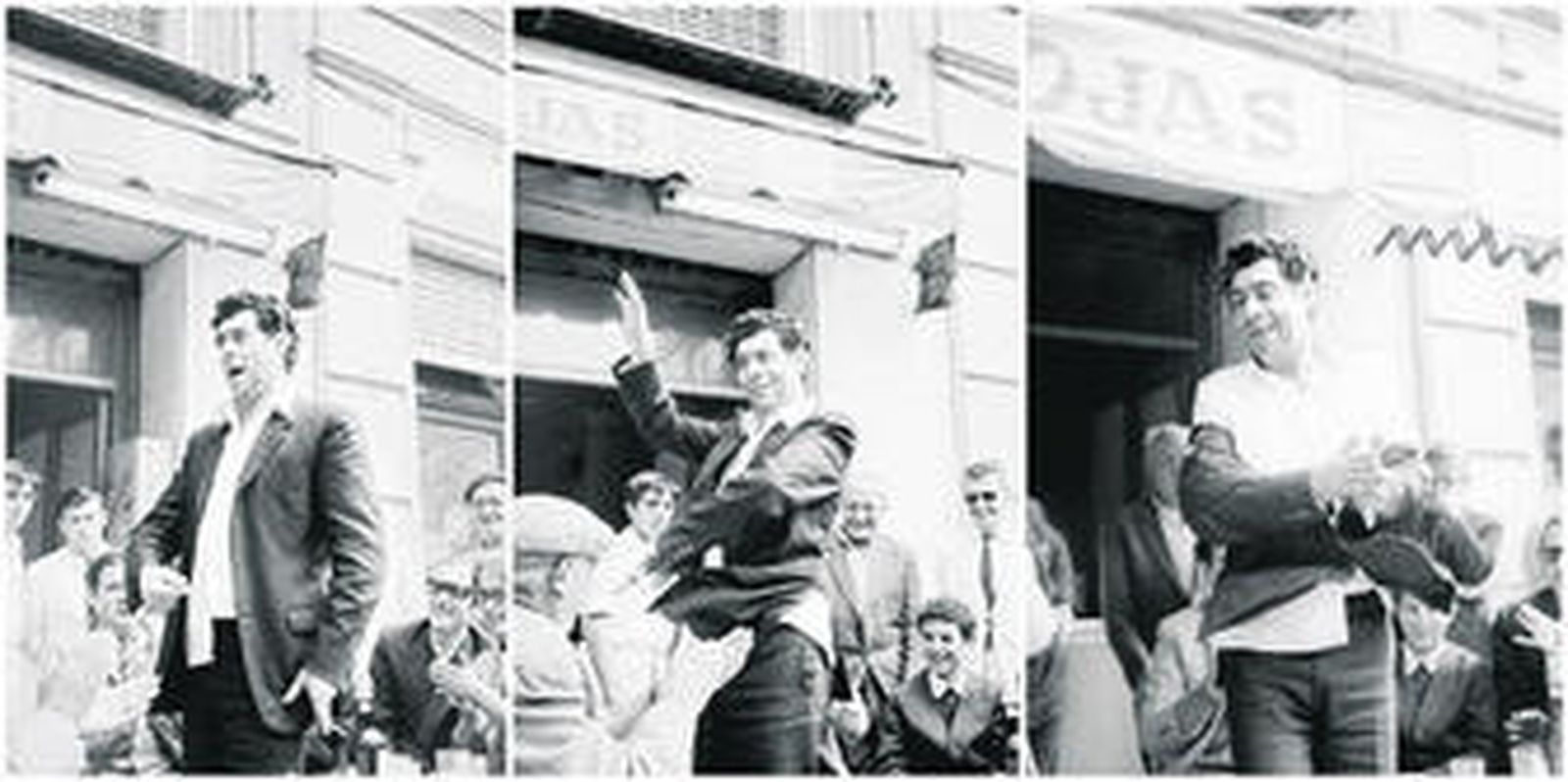 Un proyecto de largo recorrido. Ignacio González y Steve Kahn, retratados en la sala Chicarreros de la Plaza de San Francisco, ante algunas de las imágenes que conforman la muestra de la que son comisarios, 'Flamenco Project'. Abajo, Paco Valdepeñas bailando en la puerta de una cafetería sevillana en 1967 ante la cámara de Kahn.